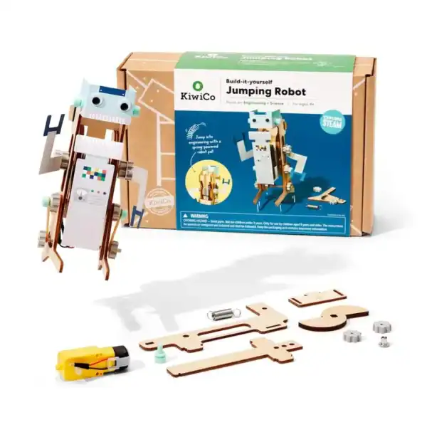 Jumping robot toy kit with assembly parts.