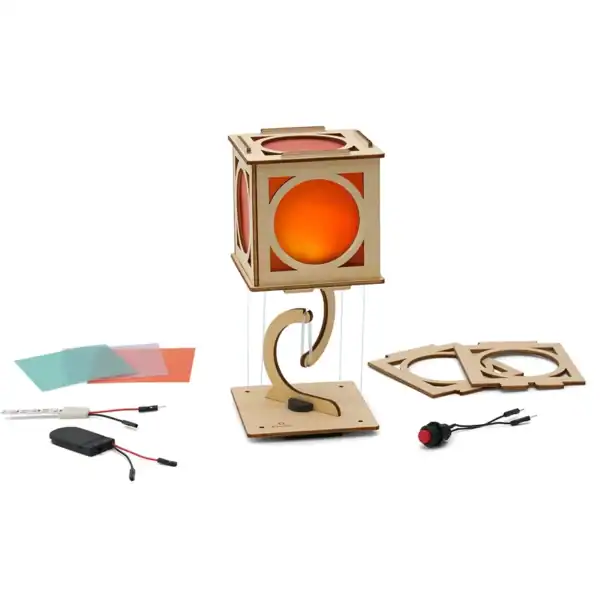 DIY wooden lamp kit with colorful filters and wires.