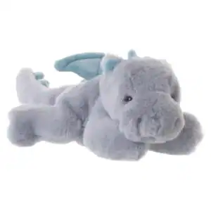 Plush gray dragon toy with blue wings.