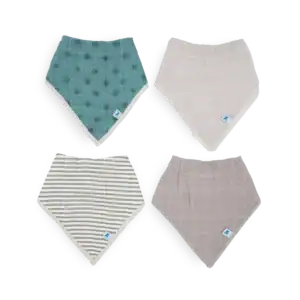 Four colorful baby bandana bibs on display.