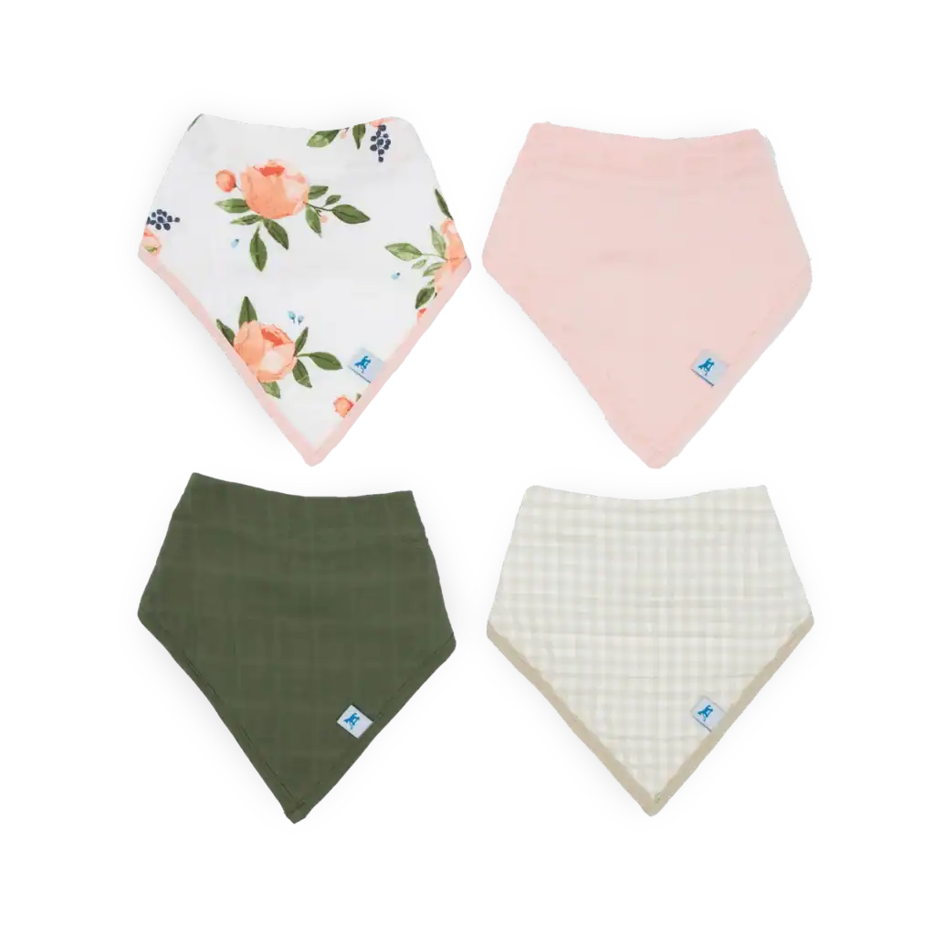 Four stylish baby bandana bibs in different colors.