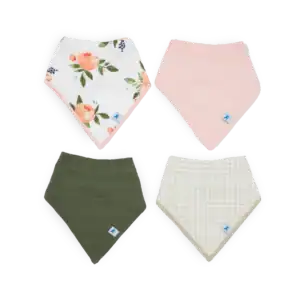 Four stylish baby bandana bibs in different colors.