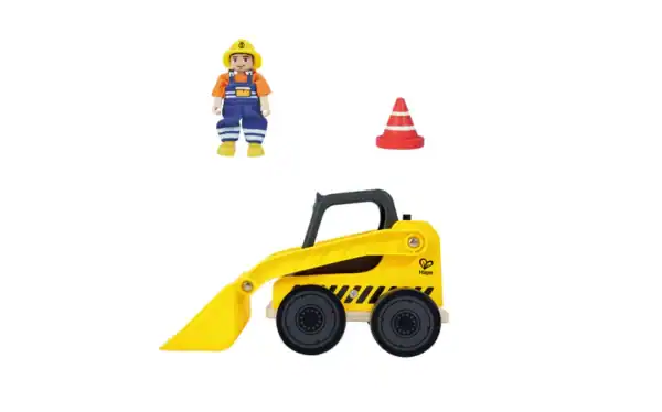 Toy construction worker with bulldozer and cone.