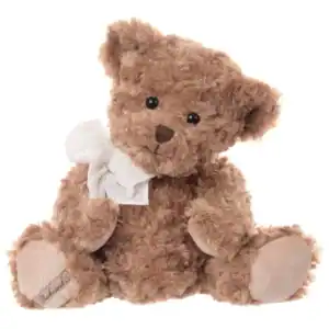 Brown teddy bear with a white bow.