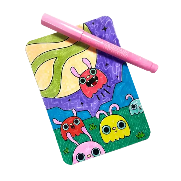Colorful cartoon monsters drawing with pink pen.
