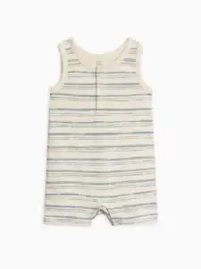 Striped baby romper with blue and white stripes.
