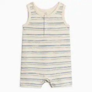 Striped baby romper with blue and white stripes.