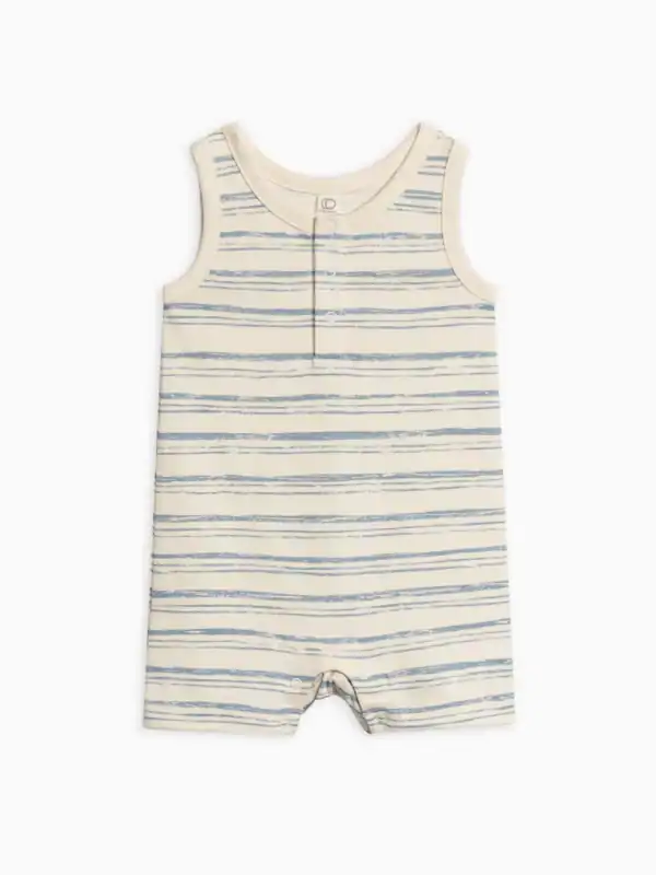 Striped baby romper with blue and white stripes.