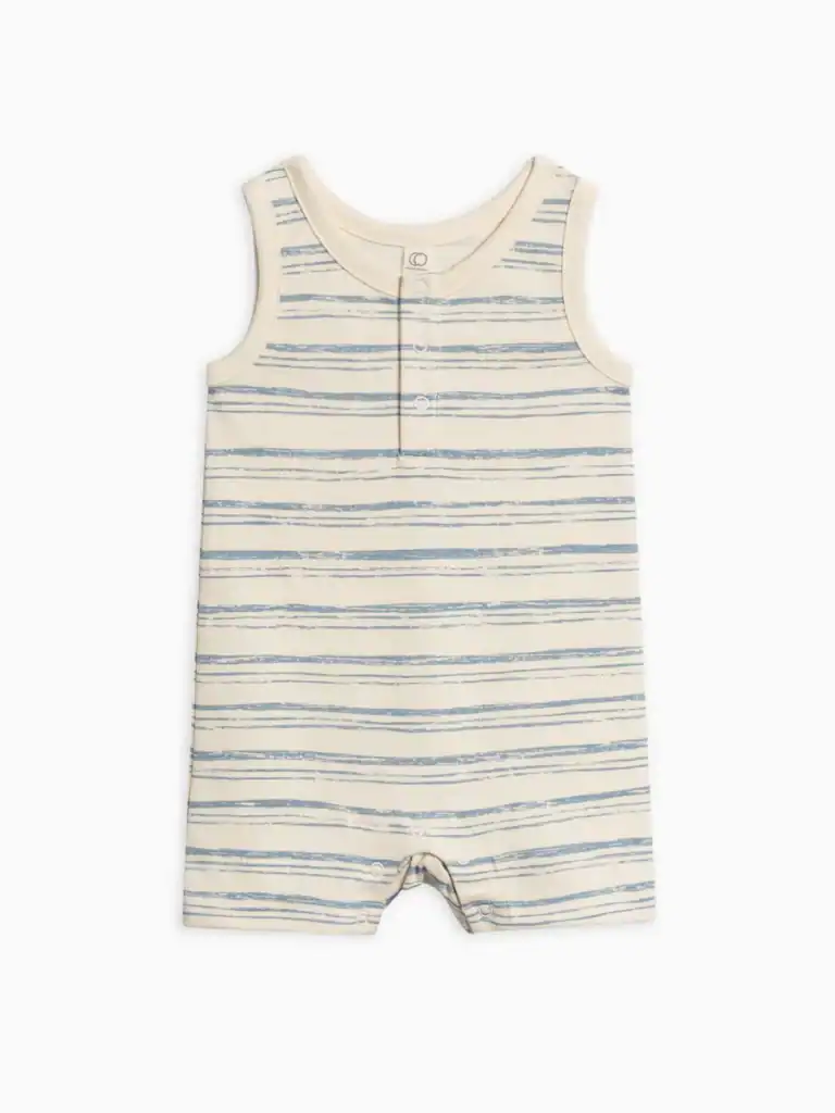 Striped baby romper with blue and white stripes.