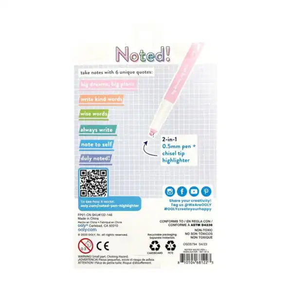 Noted pen with six inspiring quotes and highlighter.