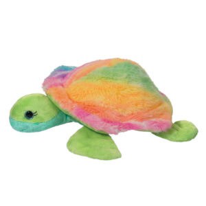Colorful plush turtle toy with rainbow shell.