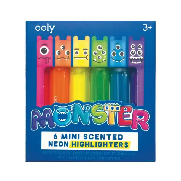 Monster-themed scented neon highlighters set.