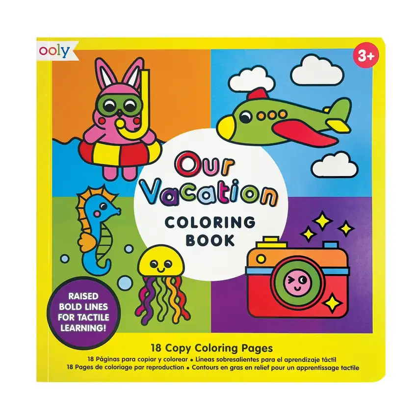 Colorful vacation-themed children's coloring book cover.