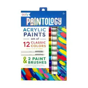 12-color acrylic paint set with two brushes.