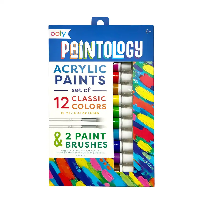 12-color acrylic paint set with two brushes.