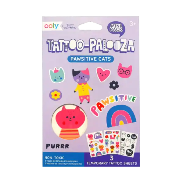 Pawsitive Cats temporary tattoo sheets, colorful designs