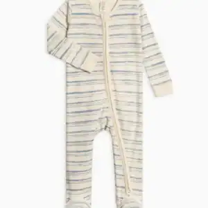 Striped baby onesie with zipper closure.