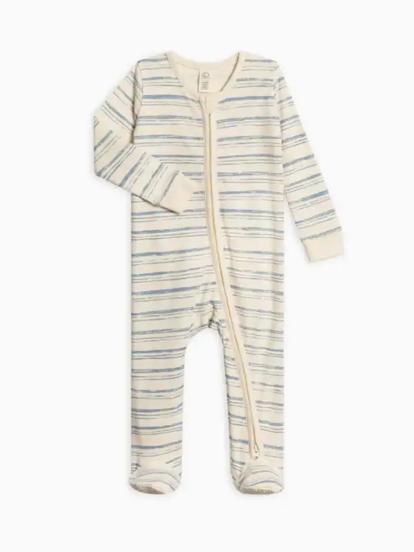 Striped baby onesie with zipper closure.