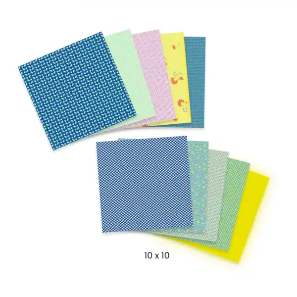 Colorful patterned papers in a 10x10 inch set.