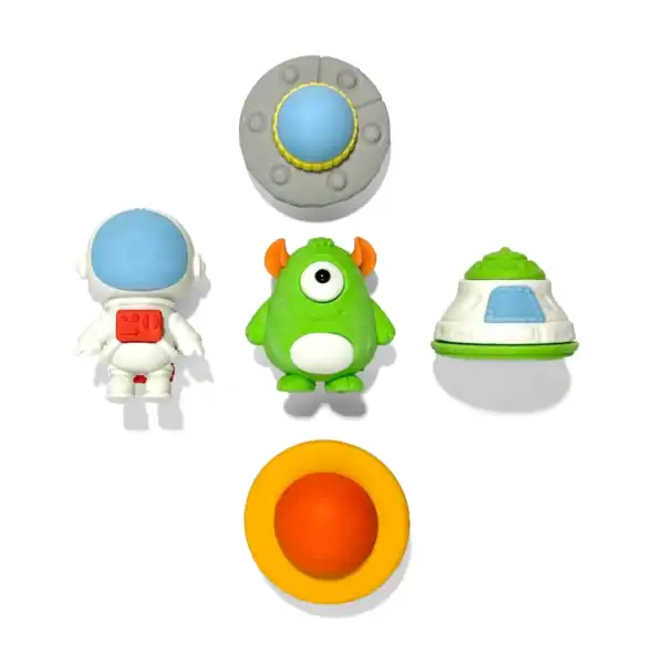 Assorted space-themed erasers with astronaut and alien.
