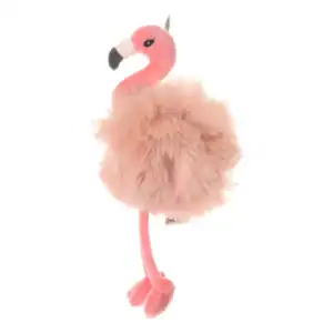 Fluffy pink flamingo plush toy with long legs.