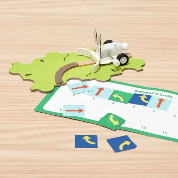 Coding game with bunny robot on puzzle map.