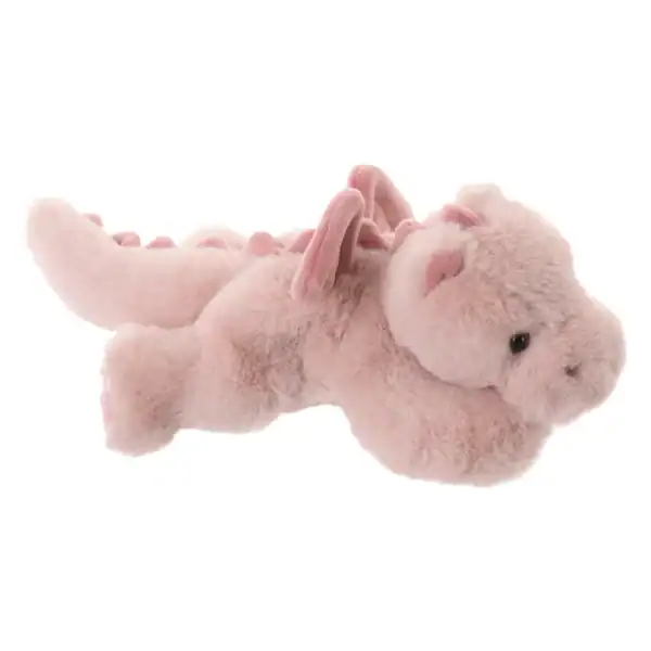 Pink plush dragon toy on white background.