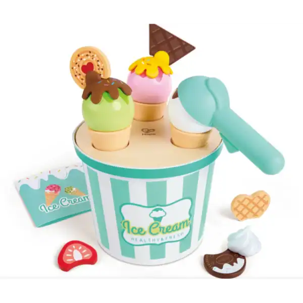 Colorful toy ice cream set with scooper and cones.