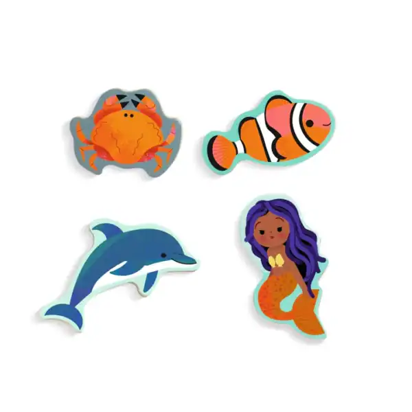 Cartoon crab, clownfish, dolphin, mermaid illustrations