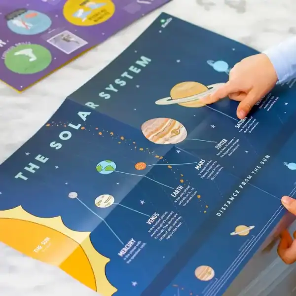 Child pointing at solar system educational poster.