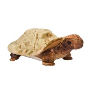 Realistic plush tortoise toy on white background.