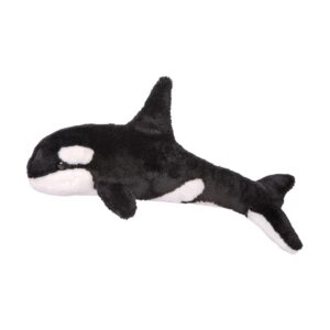 Plush orca whale toy on white background.