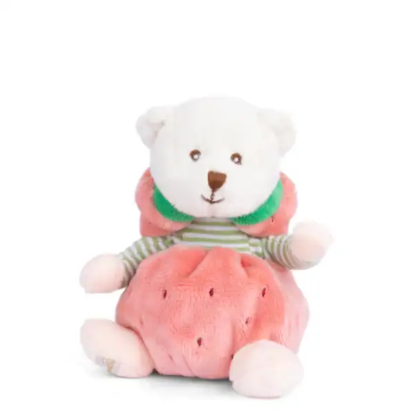 Stuffed bear in pink strawberry outfit.