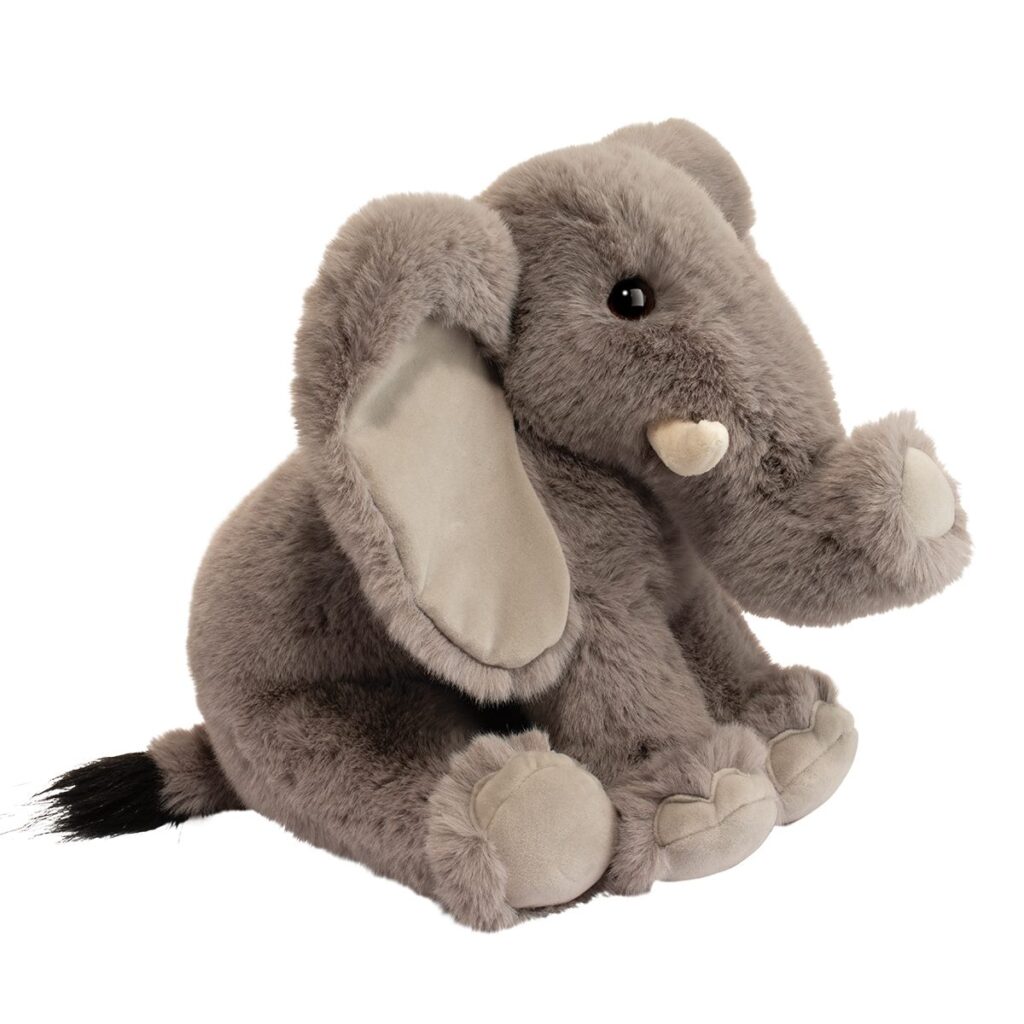 Gray plush elephant toy with floppy ears.