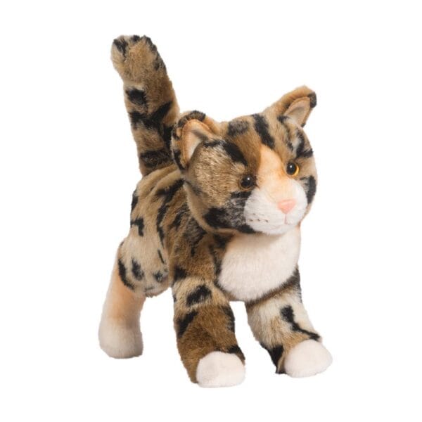 Plush toy cat with brown and black spots.