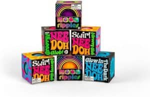 Colorful Nee Doh stress balls packaging stack.