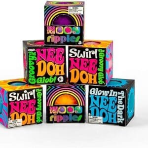 Colorful Nee Doh stress balls packaging stack.