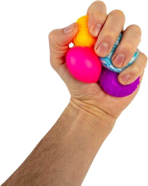 Hand squeezing colorful stress balls