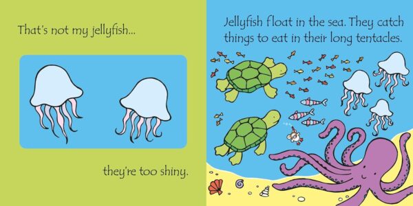 Illustration of jellyfish, turtles, octopus in ocean.