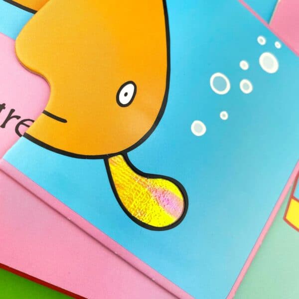 Colorful cartoon fish illustration on a children's book page.