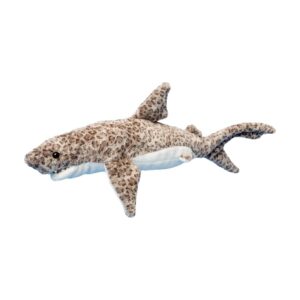 Spotted shark plush toy with white belly.