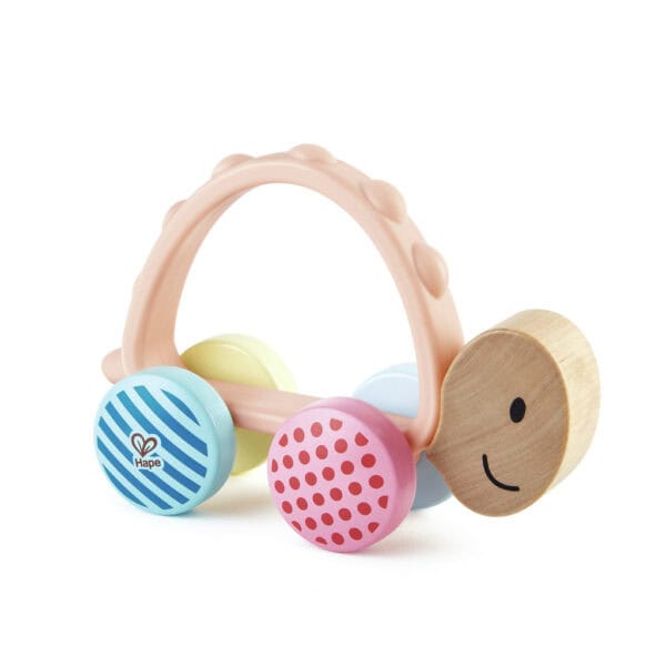 Wooden baby toy rattle with colorful wheels.