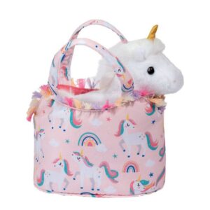 Plush unicorn toy in rainbow-patterned bag.