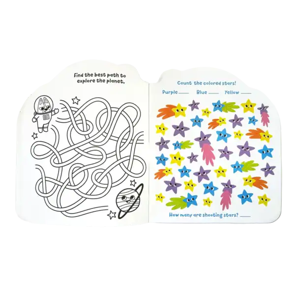 Activity book with maze and star counting game.