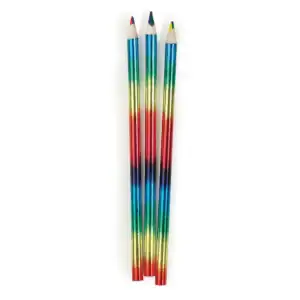 Three metallic rainbow pencils on white background.