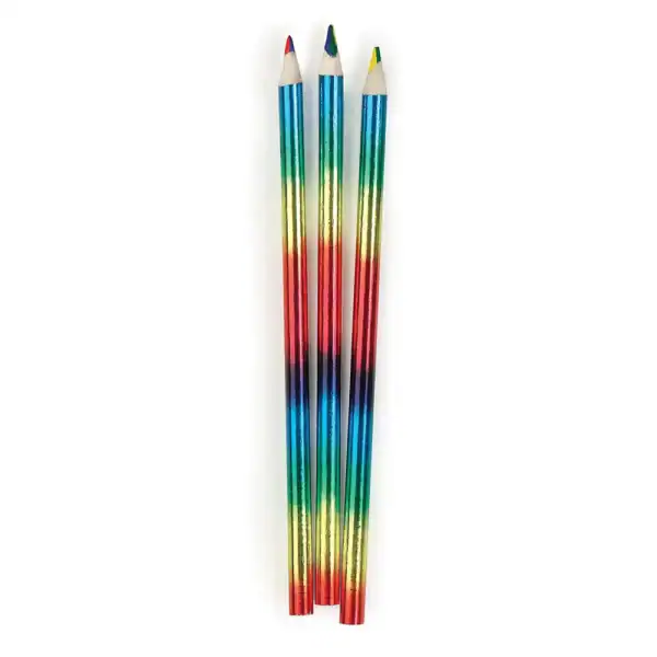 Three metallic rainbow pencils on white background.