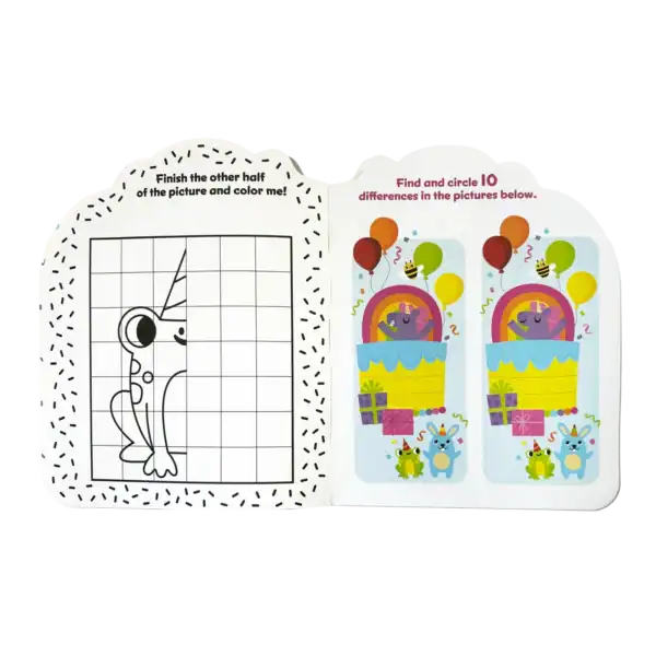 Children's activity book with drawing and spot differences.