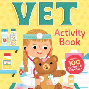 Vet activity book cover with child and teddy bear.