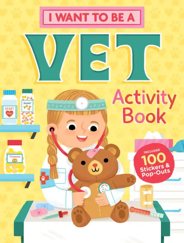 Vet activity book cover with child and teddy bear.