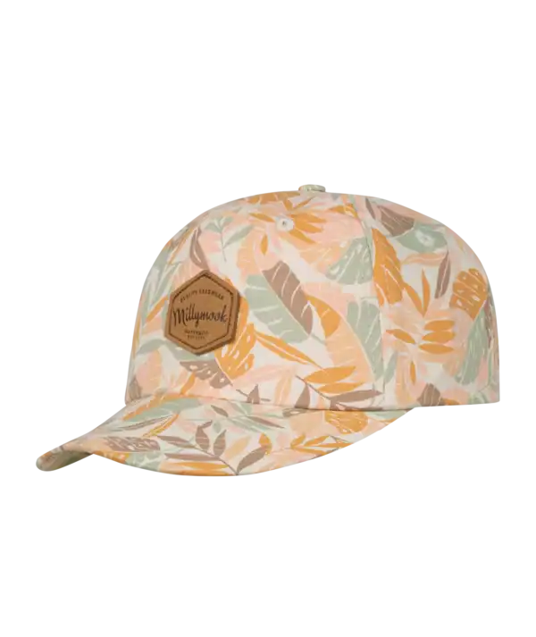 Floral-patterned cap with brand logo patch